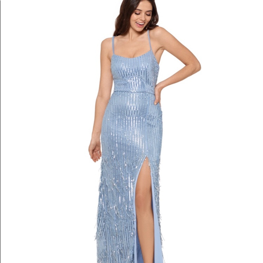 XSCAPE Tie-Back Sequin-Fringe Gown Blue NWT Size 6